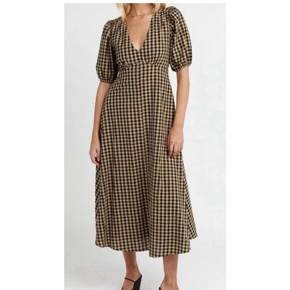 EUC DISSH Elm Chocolate Gingham Midi Dress Puff Sleeve Open Back Cotton Size 4 - Picture 3 of 16
